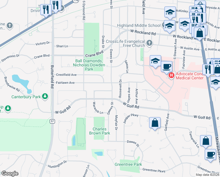 map of restaurants, bars, coffee shops, grocery stores, and more near 713 Dawes Street in Libertyville