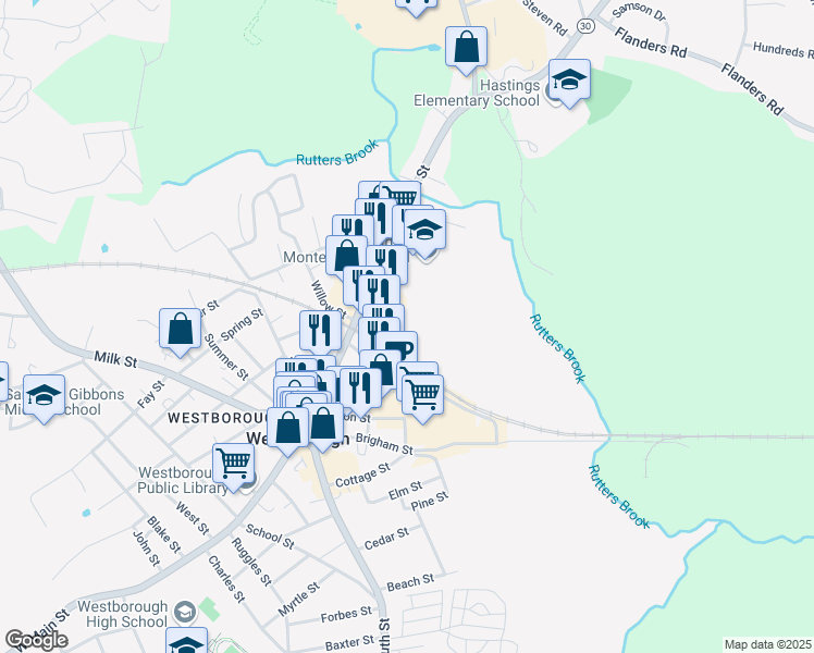 map of restaurants, bars, coffee shops, grocery stores, and more near 8 Colonial Drive in Westborough