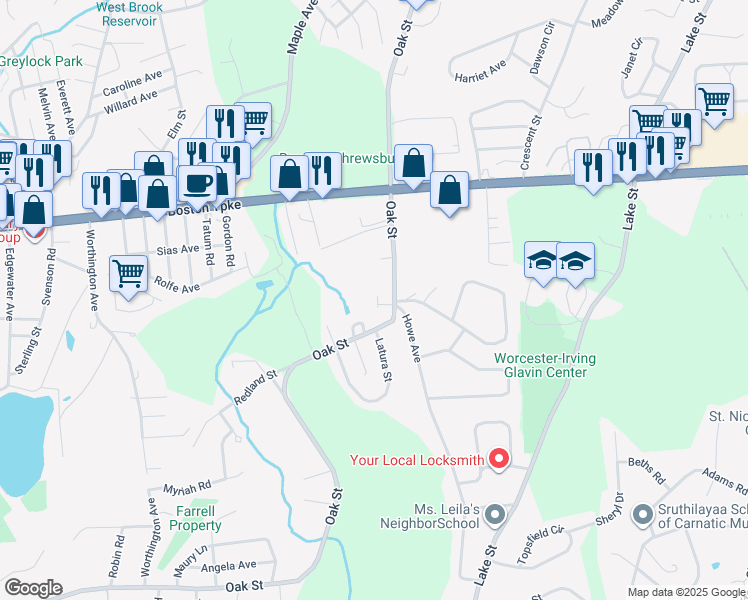 map of restaurants, bars, coffee shops, grocery stores, and more near 194 Oak Street in Shrewsbury