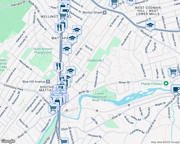map of restaurants, bars, coffee shops, grocery stores, and more near 8 Gladeside Terrace in Boston
