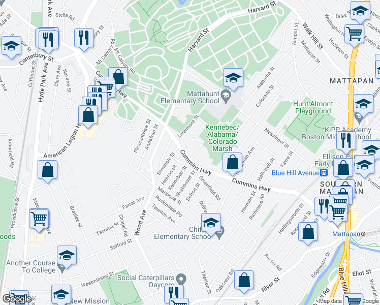 map of restaurants, bars, coffee shops, grocery stores, and more near 592 Cummins Highway in Boston