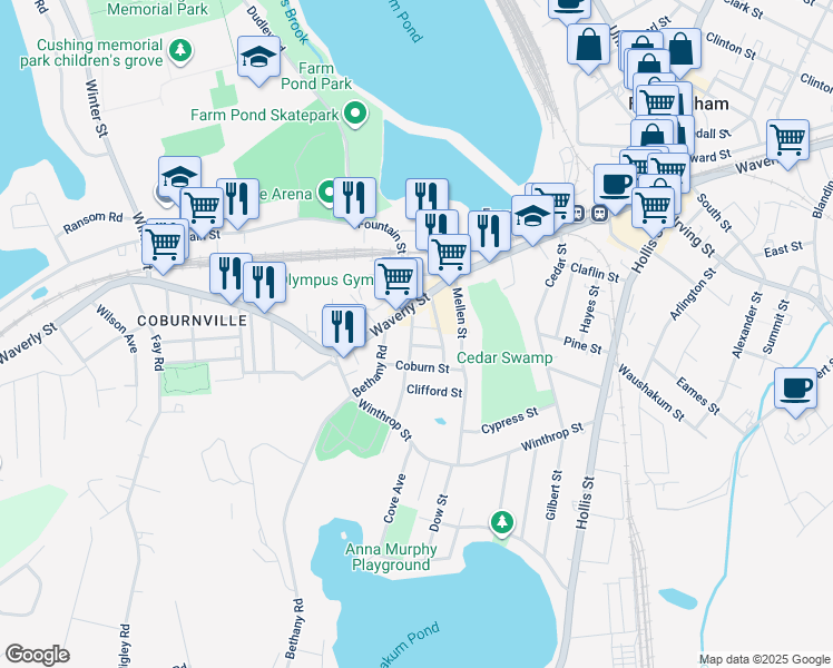 map of restaurants, bars, coffee shops, grocery stores, and more near 686 Waverly Street in Framingham