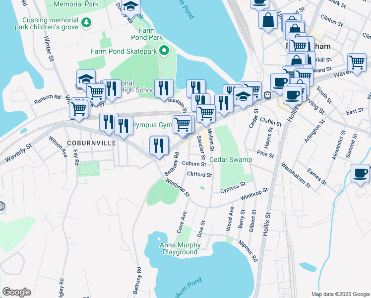 map of restaurants, bars, coffee shops, grocery stores, and more near 686 Waverly Street in Framingham