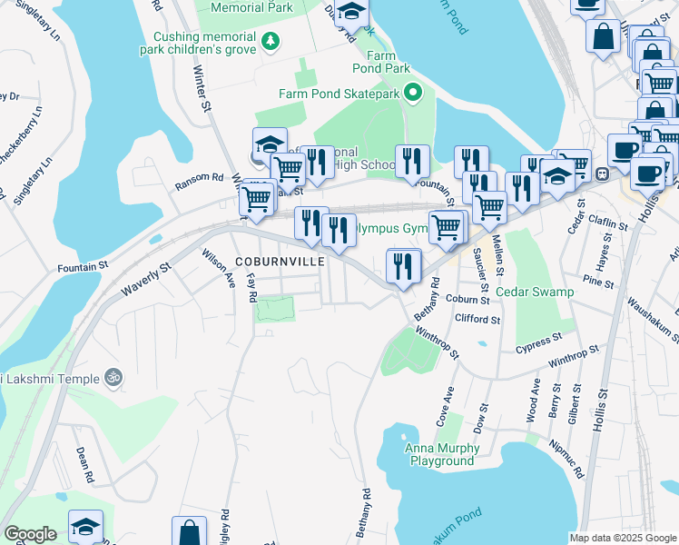 map of restaurants, bars, coffee shops, grocery stores, and more near 818 Waverly Street in Framingham