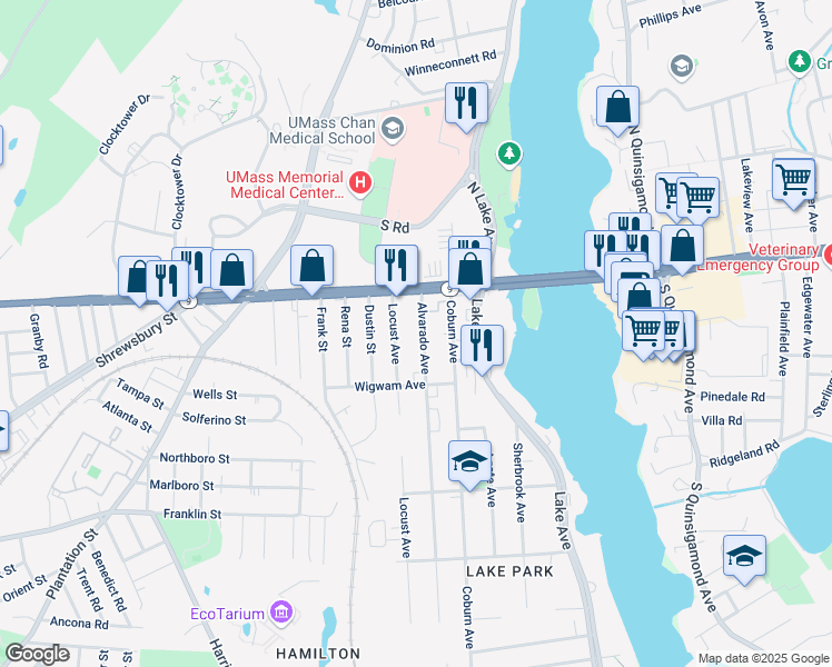 map of restaurants, bars, coffee shops, grocery stores, and more near 10 Alvarado Avenue in Worcester