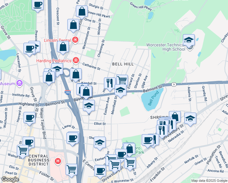 map of restaurants, bars, coffee shops, grocery stores, and more near 137A Eastern Avenue in Worcester