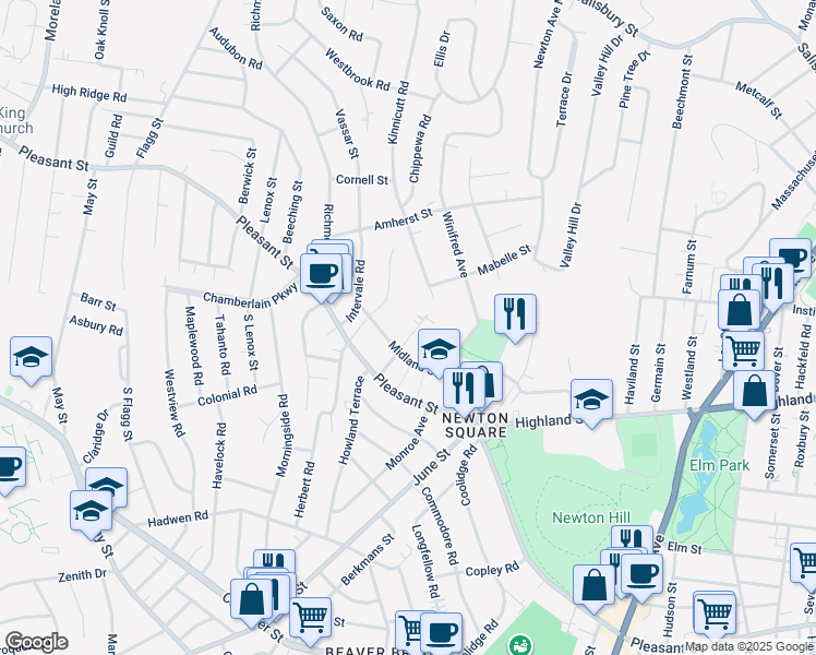 map of restaurants, bars, coffee shops, grocery stores, and more near 25 Elmwood Street in Worcester
