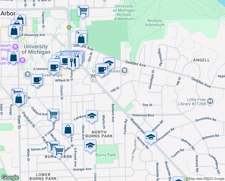 map of restaurants, bars, coffee shops, grocery stores, and more near 1701 Hill Street in Ann Arbor