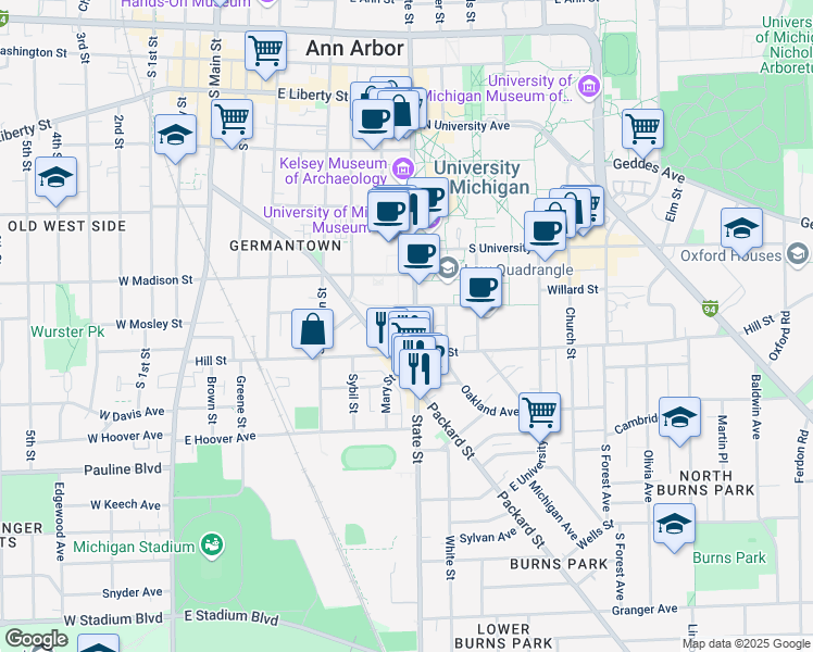 map of restaurants, bars, coffee shops, grocery stores, and more near 701 South State Street in Ann Arbor