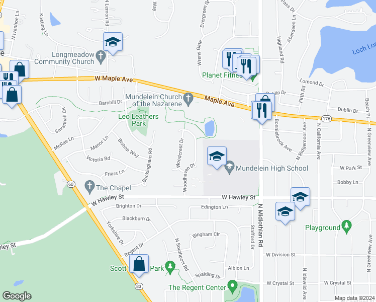 map of restaurants, bars, coffee shops, grocery stores, and more near 567 Woodhaven Drive in Mundelein