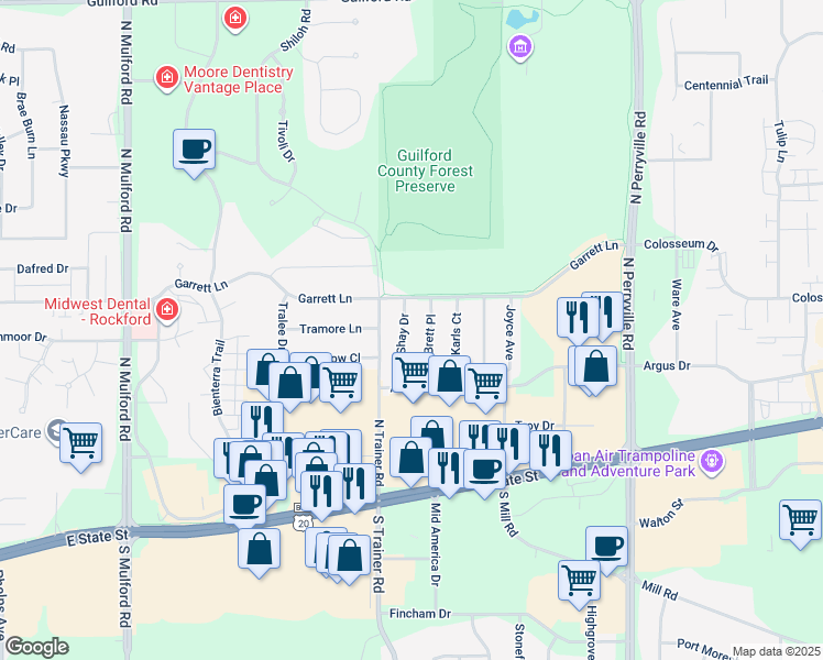 map of restaurants, bars, coffee shops, grocery stores, and more near 362 Shay Drive in Rockford