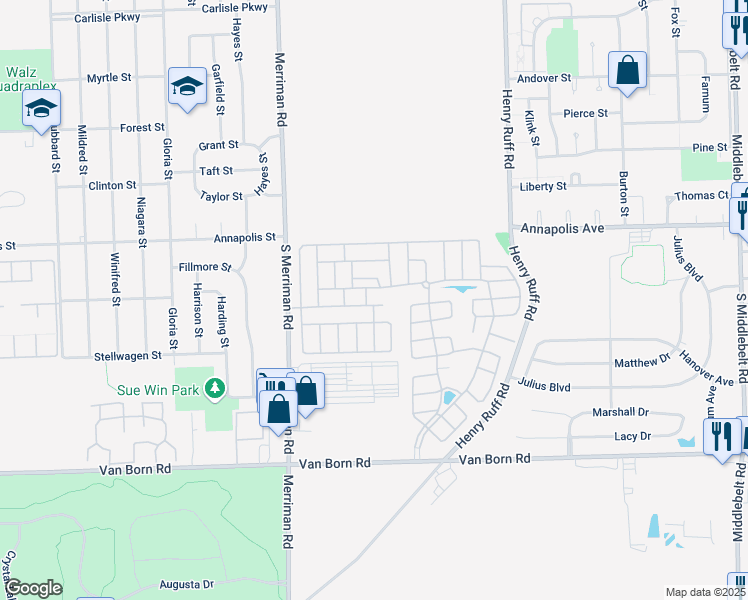 map of restaurants, bars, coffee shops, grocery stores, and more near 513 Apple Street in Westland