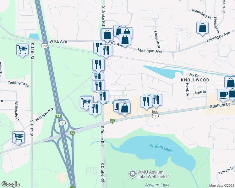 map of restaurants, bars, coffee shops, grocery stores, and more near 4602 Ridgeway Circle in Kalamazoo