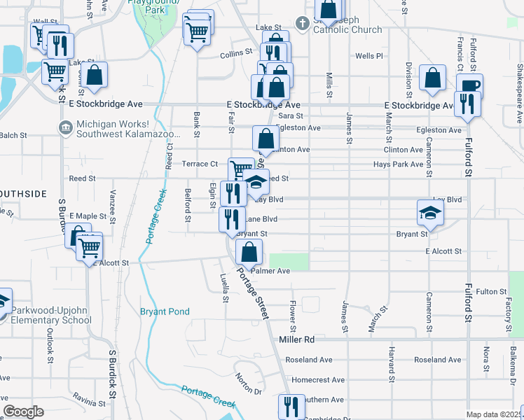 map of restaurants, bars, coffee shops, grocery stores, and more near 1919 Portage Street in Kalamazoo