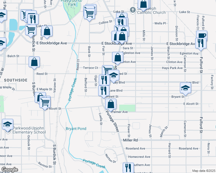 map of restaurants, bars, coffee shops, grocery stores, and more near 1919 Portage Street in Kalamazoo