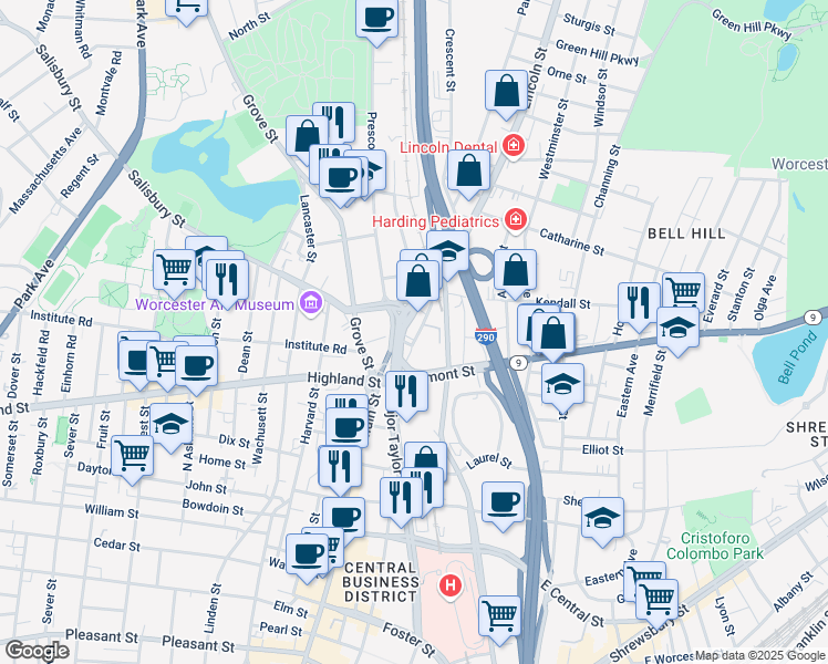 map of restaurants, bars, coffee shops, grocery stores, and more near 26 Old Lincoln Street in Worcester