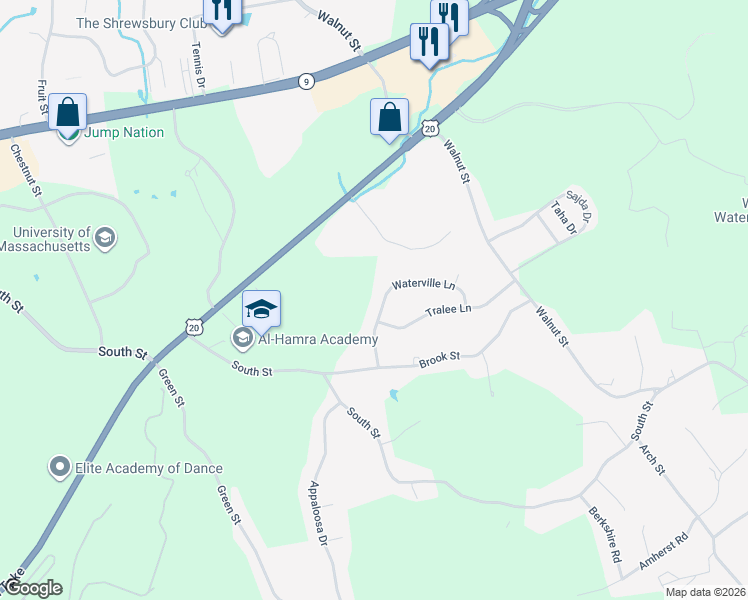 map of restaurants, bars, coffee shops, grocery stores, and more near 15 Waterville Lane in Shrewsbury