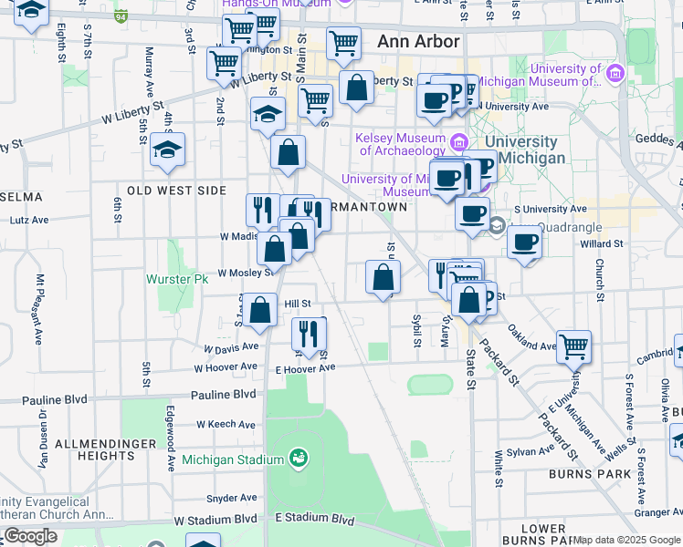 map of restaurants, bars, coffee shops, grocery stores, and more near 12 South 5th Avenue in Ann Arbor