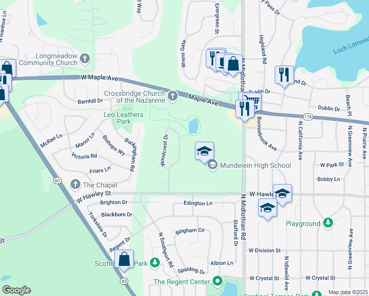 map of restaurants, bars, coffee shops, grocery stores, and more near 557 Woodhaven Drive in Mundelein