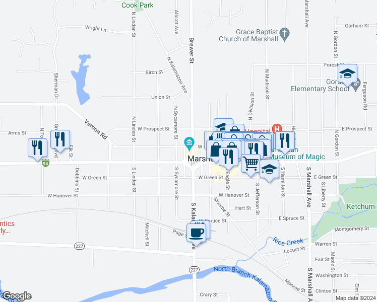map of restaurants, bars, coffee shops, grocery stores, and more near 107 North Kalamazoo Avenue in Marshall