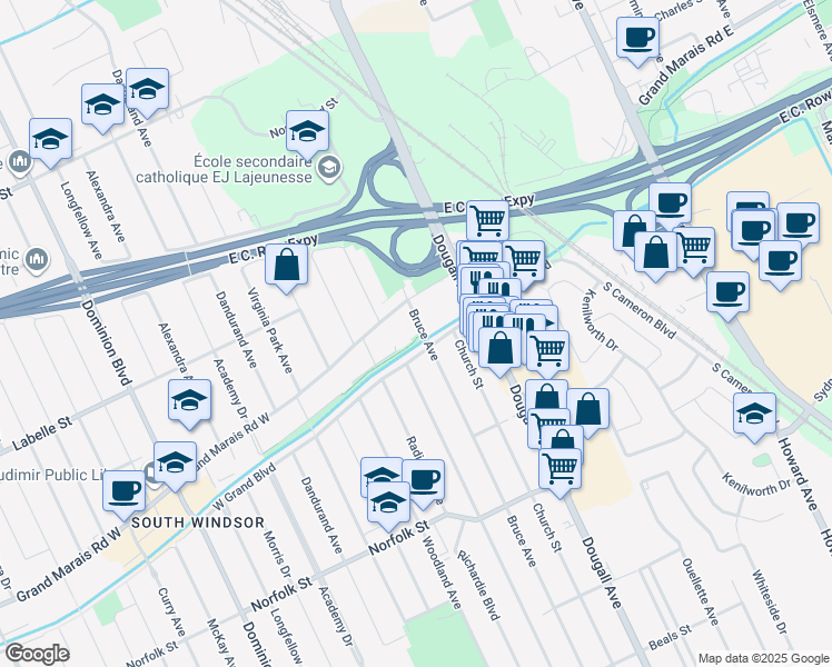 map of restaurants, bars, coffee shops, grocery stores, and more near 2975 Bruce Avenue in Windsor