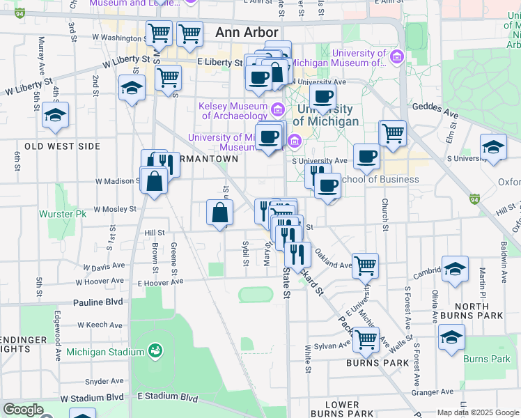 map of restaurants, bars, coffee shops, grocery stores, and more near 523 Packard Street in Ann Arbor