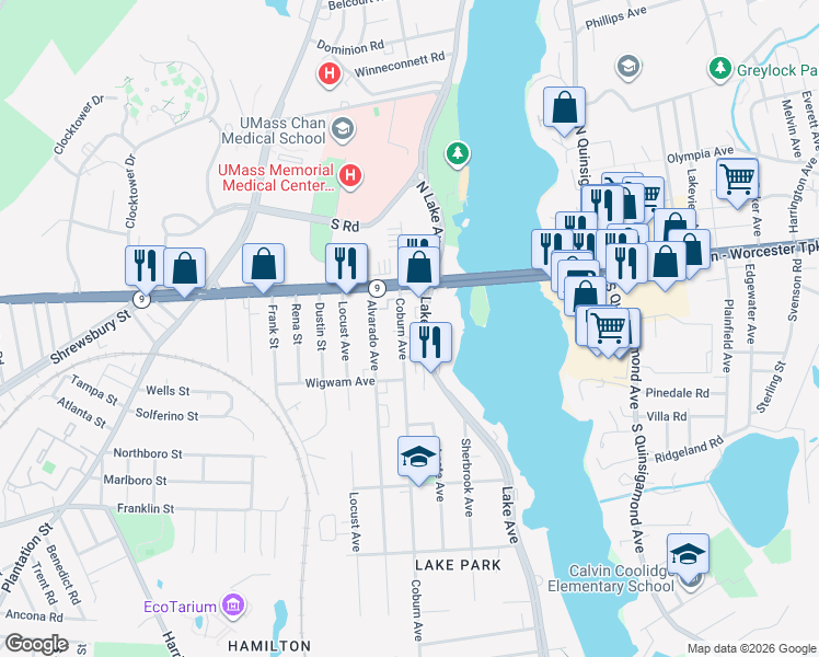 map of restaurants, bars, coffee shops, grocery stores, and more near 21 Coburn Avenue in Worcester