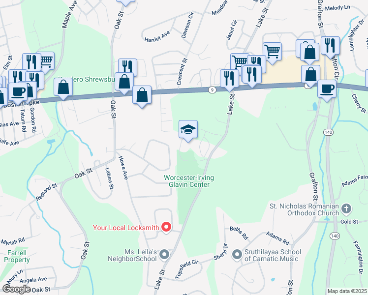 map of restaurants, bars, coffee shops, grocery stores, and more near 214 Lake Street in Shrewsbury