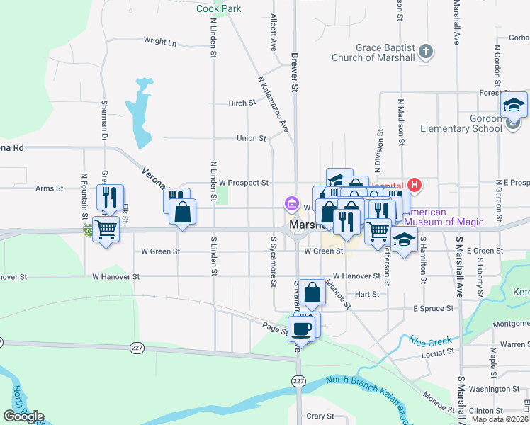 map of restaurants, bars, coffee shops, grocery stores, and more near 509 West Mansion Street in Marshall