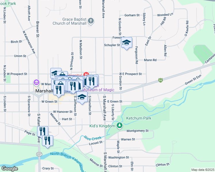 map of restaurants, bars, coffee shops, grocery stores, and more near 506 East Mansion Street in Marshall