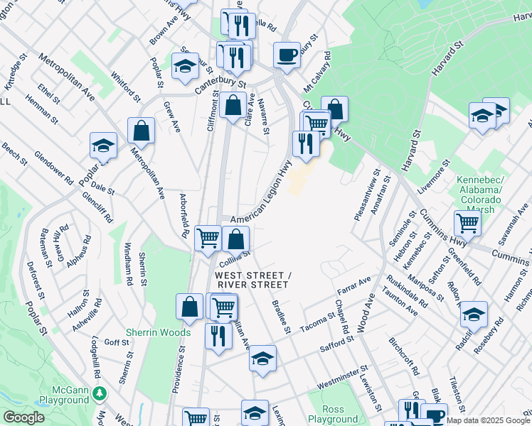 map of restaurants, bars, coffee shops, grocery stores, and more near D American Legion Highway in Boston