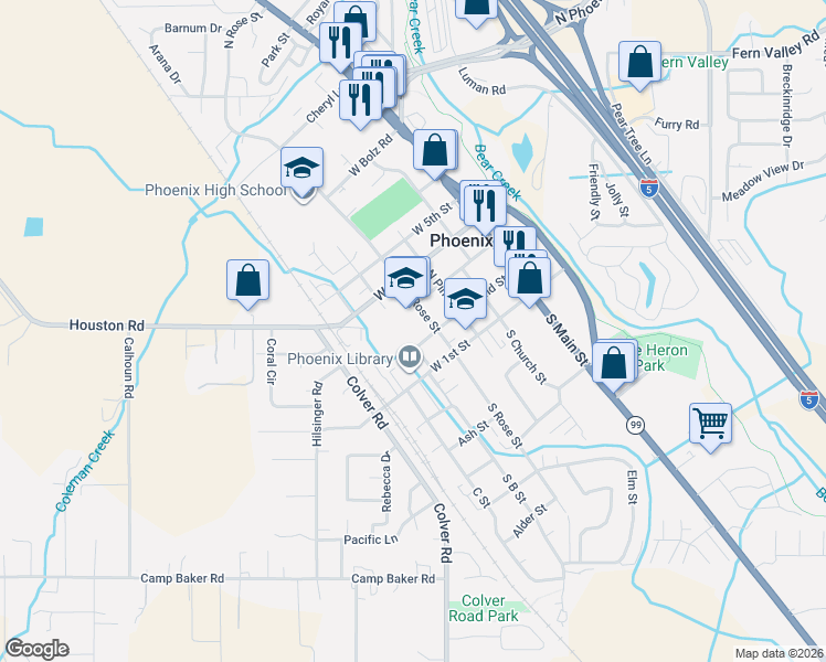 map of restaurants, bars, coffee shops, grocery stores, and more near 215 North Rose Street in Phoenix