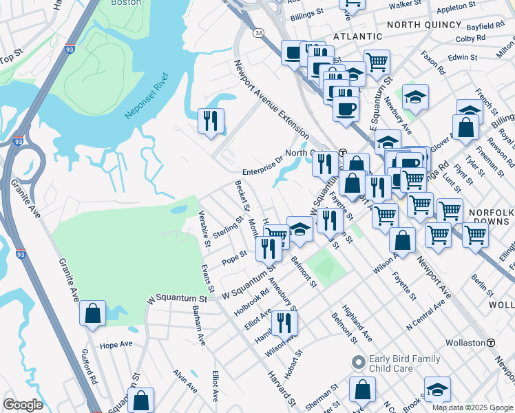 map of restaurants, bars, coffee shops, grocery stores, and more near 34 Becket Street in Quincy