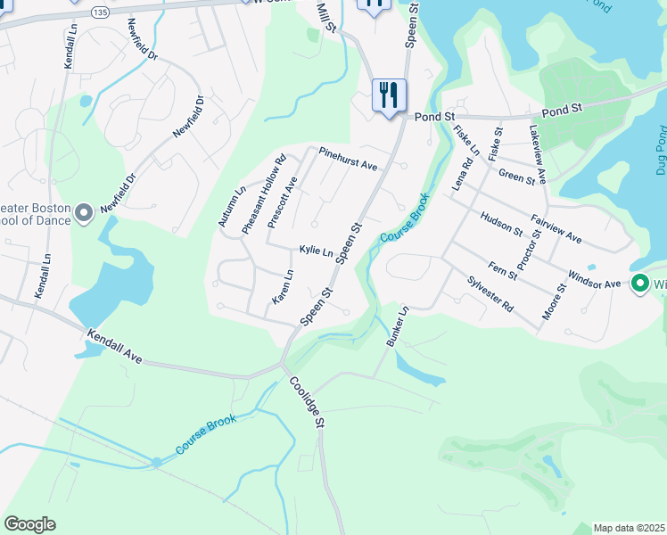 map of restaurants, bars, coffee shops, grocery stores, and more near 3 Kylie Lane in Natick