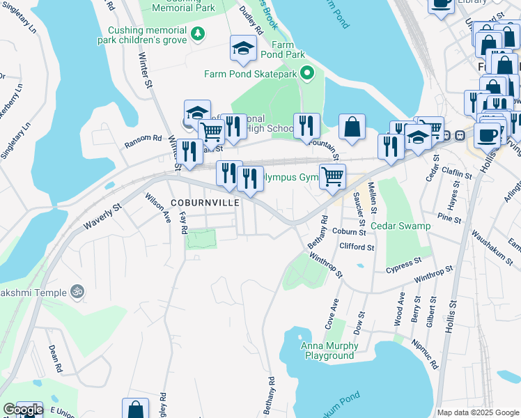 map of restaurants, bars, coffee shops, grocery stores, and more near 818 Waverly Street in Framingham