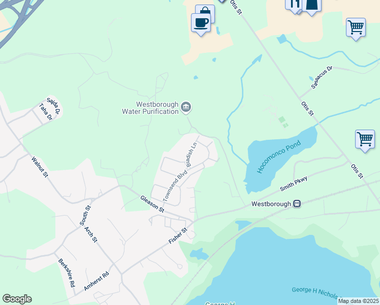map of restaurants, bars, coffee shops, grocery stores, and more near 7 Bradish Lane in Westborough