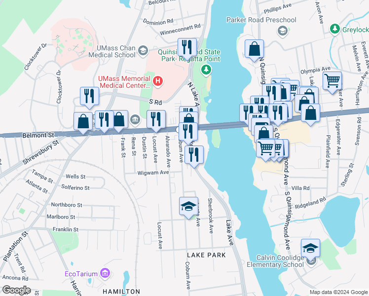 map of restaurants, bars, coffee shops, grocery stores, and more near 21 Coburn Avenue in Worcester