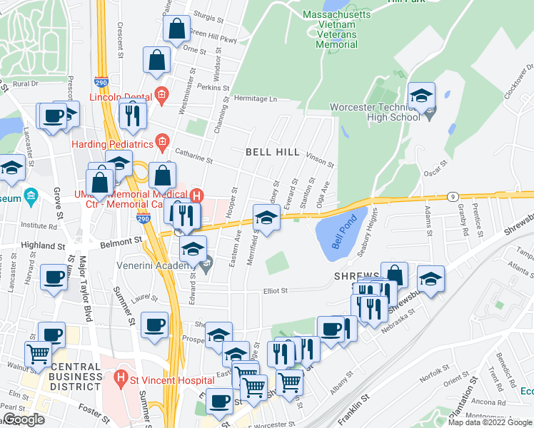 map of restaurants, bars, coffee shops, grocery stores, and more near 137A Eastern Avenue in Worcester