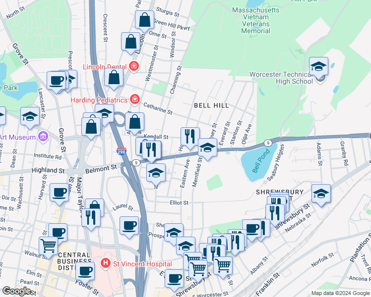 map of restaurants, bars, coffee shops, grocery stores, and more near in Worcester