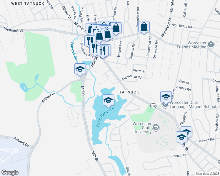 map of restaurants, bars, coffee shops, grocery stores, and more near 18 Arletta Avenue in Worcester