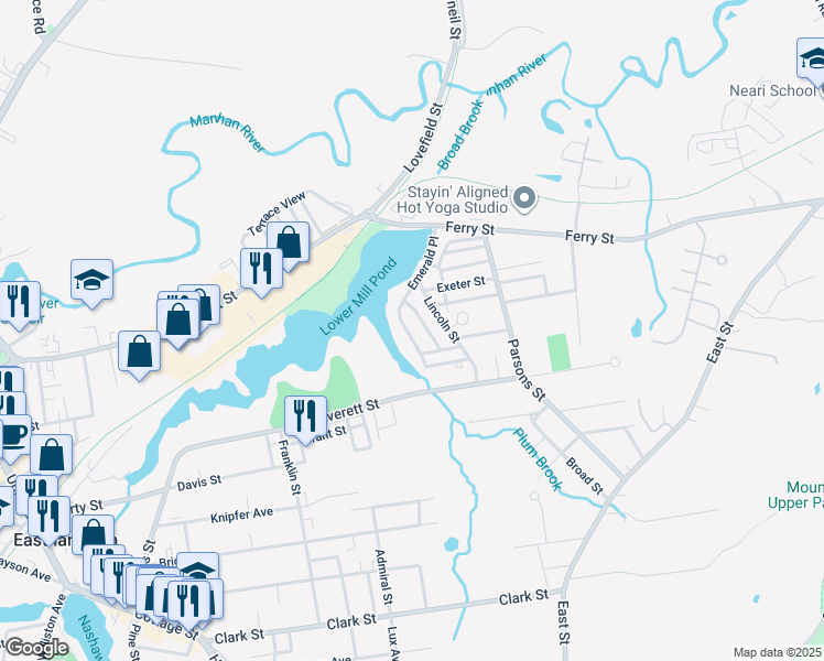 map of restaurants, bars, coffee shops, grocery stores, and more near 38 Emerald Place in Easthampton