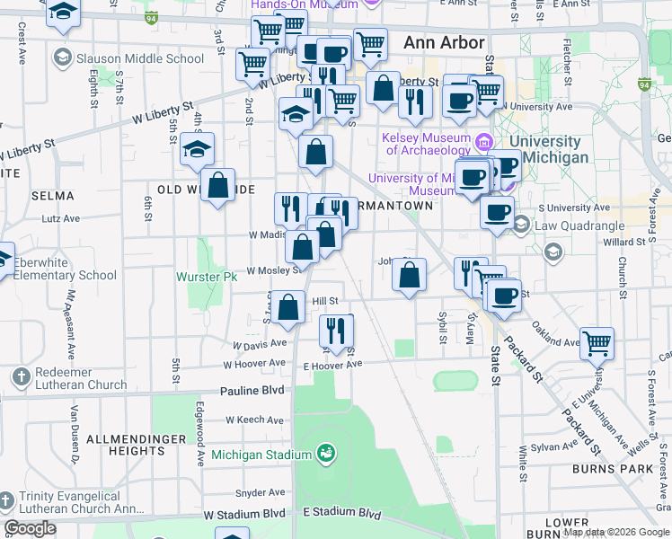 map of restaurants, bars, coffee shops, grocery stores, and more near 637 South Main Street in Ann Arbor