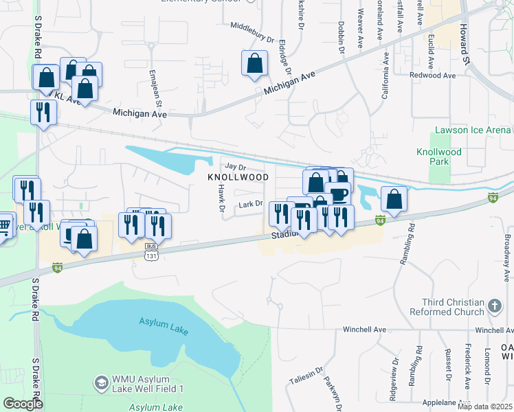 map of restaurants, bars, coffee shops, grocery stores, and more near 3621 Lark Drive in Kalamazoo