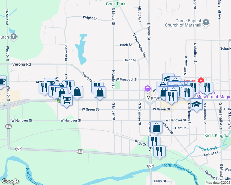 map of restaurants, bars, coffee shops, grocery stores, and more near 635 West Mansion Street in Marshall