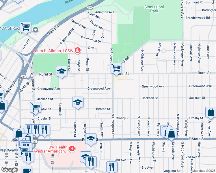 map of restaurants, bars, coffee shops, grocery stores, and more near 1632 Greenwood Avenue in Rockford