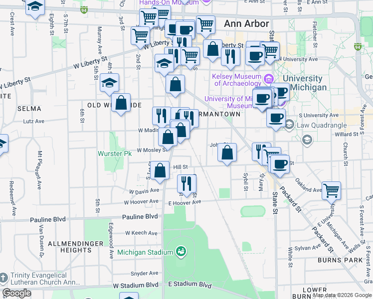 map of restaurants, bars, coffee shops, grocery stores, and more near 637 South Main Street in Ann Arbor