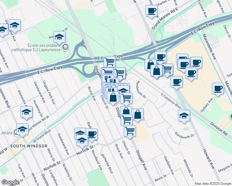 map of restaurants, bars, coffee shops, grocery stores, and more near 3032 Dougall Avenue in Windsor