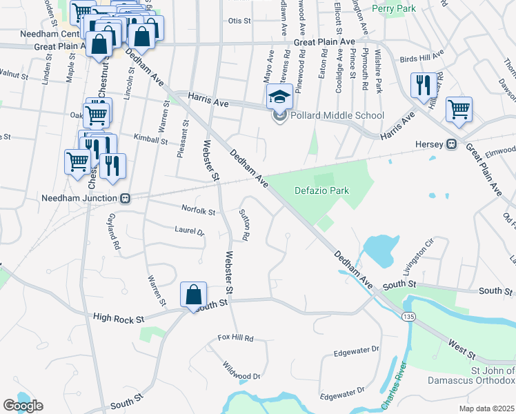 map of restaurants, bars, coffee shops, grocery stores, and more near 105 Sutton Road in Needham