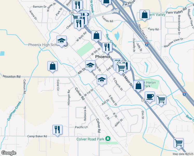 map of restaurants, bars, coffee shops, grocery stores, and more near 215 North Rose Street in Phoenix