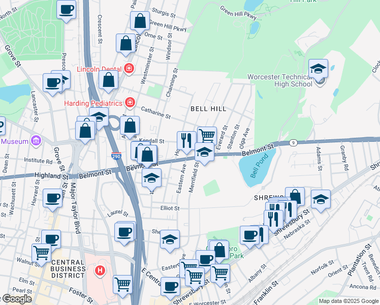 map of restaurants, bars, coffee shops, grocery stores, and more near 137 Eastern Avenue in Worcester